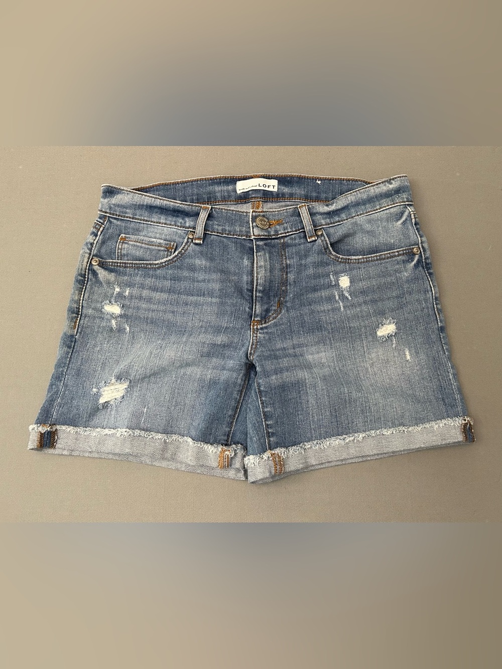 LOFT Distressed Medium Blue Denim Roll Shorts